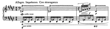 Mm. 1-3. Allegro impetuoso theme. All the notes belong to a diatonic scale, but there is no clearly discernible tonality. Scriabin--Sonata-5-Beginning.png
