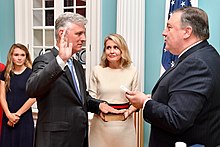 O'Brien sworn in as presidential envoy for hostage affairs in 2018. Secretary Pompeo Officiates the Swearing-in Ceremony for Robert C. O'Brien as Special Presidential Envoy for Hostage Affairs (29640486768).jpg