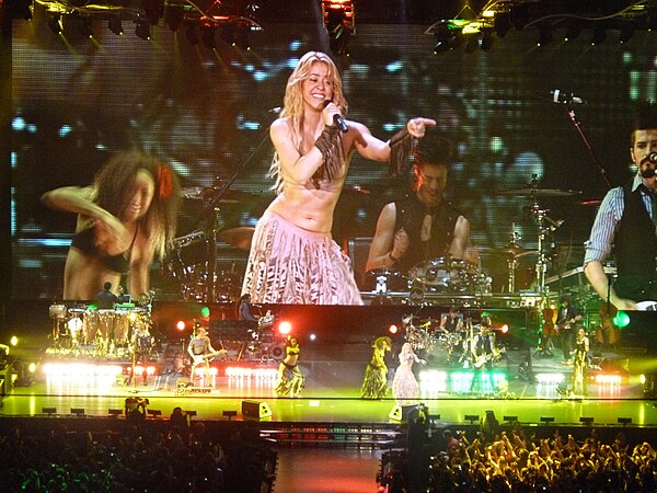 Shakira performing "Waka Waka (This Time for Africa)" during The Sun Comes Out World Tour in Madrid, Spain. The song peaked at number one in Spain for