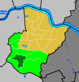 Sidcup ward (dark green) in the Old Bexley and Sidcup constituency (light green) within the London Borough of Bexley (yellow)