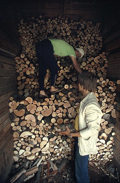 Stacking firewood in a shed