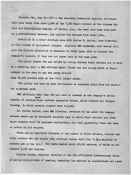 File:Statement from the War Manpower Commission released by the United Press relating to the 1,000 out of 7,000 negro workers requesting release from their jobs. - NARA - 281529 (page 1).gif