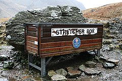 Image 34Stretcher box in Cumbria, England, prepositioned equipment saves mountain rescue teams having to trudge up mountains with it. (from Mountain rescue)