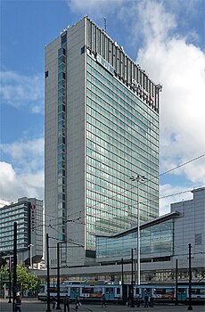 City Tower is a main broadcast station for many of Greater Manchester's radio stations Sunley Tower, Manchester.jpg