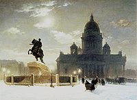 Вид памятника Петру I на Сенатской площади в Санкт-Петербурге»