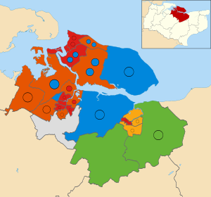 Map showing the composition of Swale Borough Council after the 2023 election. Conservatives in blue, Labour in red, Liberal Democrats in yellow, Green Party in green, Swale Independents in orange, and independents in light grey. Swale UK ward map 2023.svg