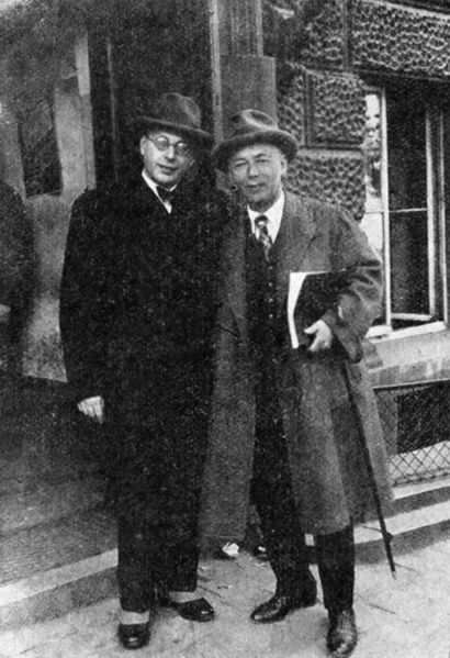 George Szell and composer Jaroslav Křička during the staging of Křička's opera The Gentleman in White in Prague, April 1932.
