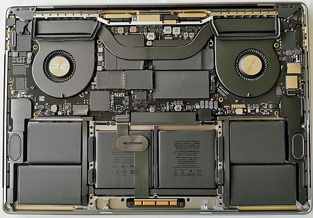 Teardown of a MacBook Pro (16-inch, 2019) showing internal parts