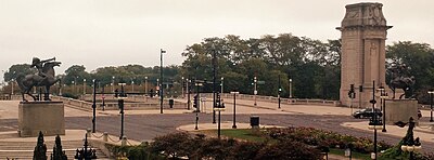 The entrance to Grant Park on Ida B. Wells Drive near Michigan Avenue, flanked on either side by The Bowman and The Spearman The Bowman and The Spearman.jpg