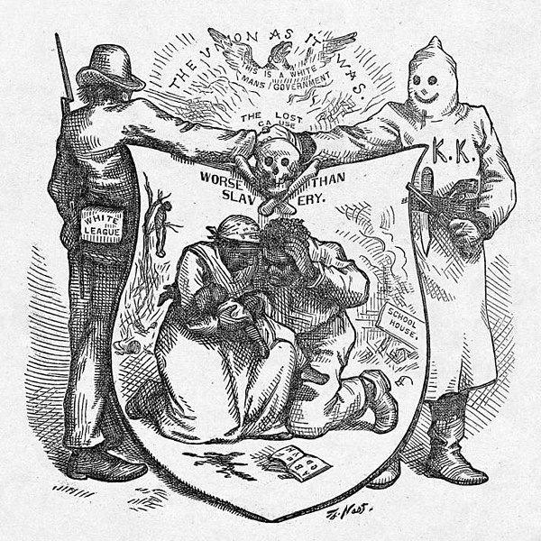 The image "The Union As It Was" was published in Harper's Weekly in 1874. On a pseudo-heraldic shield are a black family between a lynched body hangin