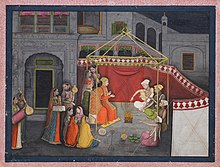 Wedding of Krishna's Parents, Folio from a Bhagavata Purana series. Ascribed to a Master of the first generation after Manaku and Nainsukh. Guler, c. 1770. Museum Rietberg. The Wedding of Krishna's Parents.jpg