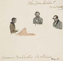 'Thomas Carliles Lectures' by Jemima Blackburn, with John Gibson Lockhart and William Macready in the audience Thomas Carlyle, 1795 - 1881, lecturing with John Gibson Lockhart, 1794 - 1854, in the audience.jpg