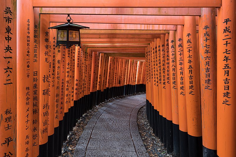 File:Torii path with lantern at Fushimi Inari Taisha Shrine, Kyoto, Japan.jpg