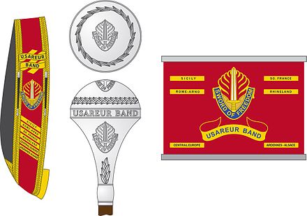 The regalia of the U.S. Army Europe Band, showing (left to right) the baldric, mace, and drum wrap