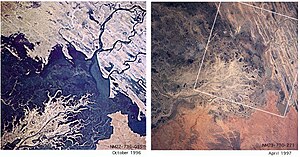 October, 1996: the dark green vegetation is lush when water from the summer rains passes through the region, causing floods. It provides a strong visual contrast with the surrounding desert countryside. By April 1997, the wetlands have dried up, and the inland delta is a uniform tan colour. The white box outlines the area covered by view. Vegetation Change Wet-Dry Season Niger Inland Delta.jpg