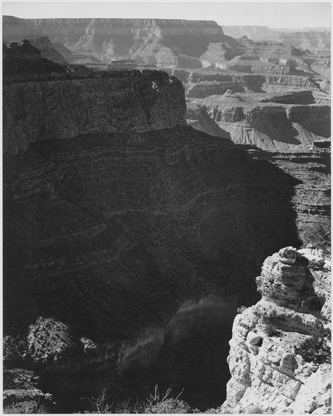 File:View of darkly shadowed canyon at left and center, from the "South Rim, 1941, Grand Canyon National Park," Arizona. (ver - NARA - 519891.tif