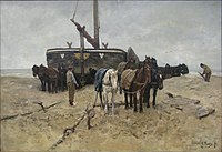 Anton Mauve, 1882: 'Bomschuit op het strand', olieverf op doek