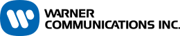 Logo avec la mention Warner Communications Inc. en blanc, avec une forme ovale bleue comportant des traits blancs.