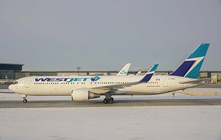 A WestJet 767-300ER taxiing at Calgary International Airport in early 2020