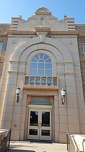 Detail of the main entrance to West Hall in 2019