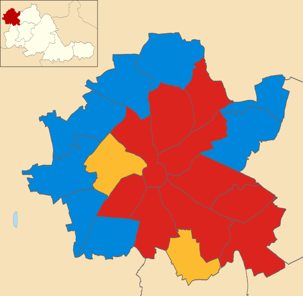 Map of the results of the 2007 Wolverhampton council election. Labour in red, Conservatives in blue and Liberal Democrats in yellow.