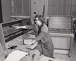 The U.S. Census Bureau used 1105s to process the 1960 census. Woman operating Census Univac 1105.jpg