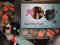 Justin Simien, director of Dear White People, won the U.S. Dramatic Special Jury Award for Breakthrough Talent at the 2014 Sundance Film Festival. "Dear White People" the U.S. Dramatic Special Jury Award for Breakthrough Talent (12186466614).jpg