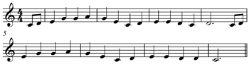 The first two phrases of the melody from Stephen Foster's "Oh! Susanna" are based on the major pentatonic scale 'Oh, Susanna' pentatonic melody.png