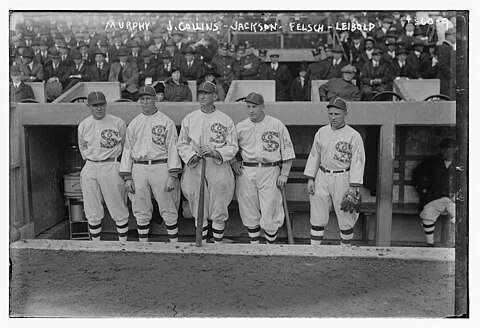 Eddie Murphy, John "Shano" Collins, Joe Jackson, Happy Felsch, and Nemo Leibold in their dugout during the 1917 World Series