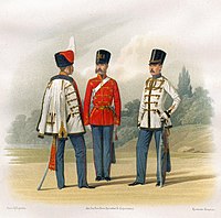 Cuartel general y oficiales principales en uniforme de gala, soldado raso en uniforme de marcha (1855-1857)