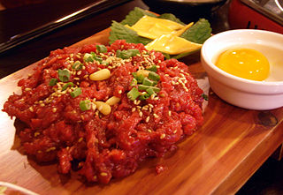 <span class="mw-page-title-main">Yukhoe</span> Korean raw meat dish that resembles a steak tartare