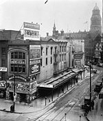 Royal Theater from the Monroe Avenue and Farmer Street corner, 1917. Note Liberty Theatre behind. 101-102 Monroe Detroit 1917.jpg