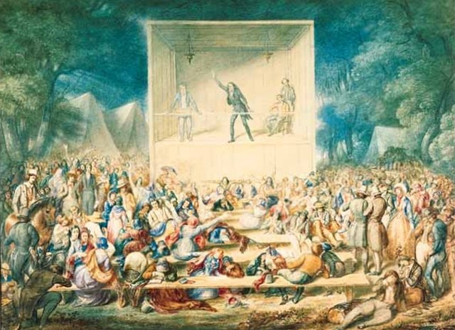 1839 Methodist camp meeting, watercolor from the Second Great Awakening.