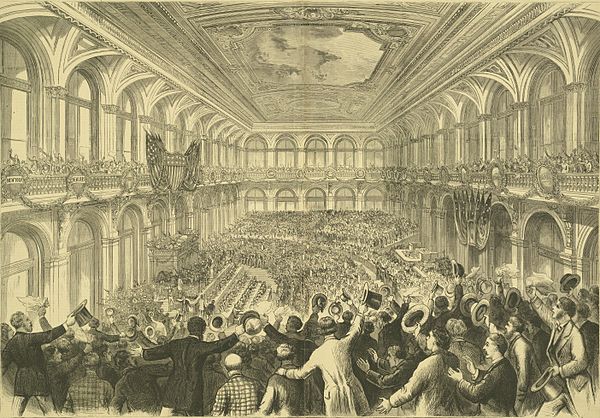 The 1876 Democratic National Convention at the Merchants Exchange Building in St. Louis, Missouri. Samuel J. Tilden and Thomas A. Hendricks were nominated for president and vice president respectively