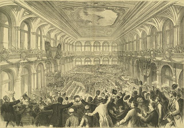 The 1876 Democratic National Convention at the Merchants Exchange Building in St. Louis, Missouri. Samuel J. Tilden and Thomas A. Hendricks were nomin