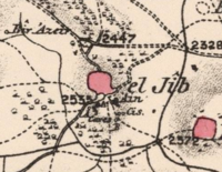 1880 map of Al Jib (ancient Gibeon). 1880 map of El Jib showing the well (marked Ain), cisterns (marked Cis) and Caves.png