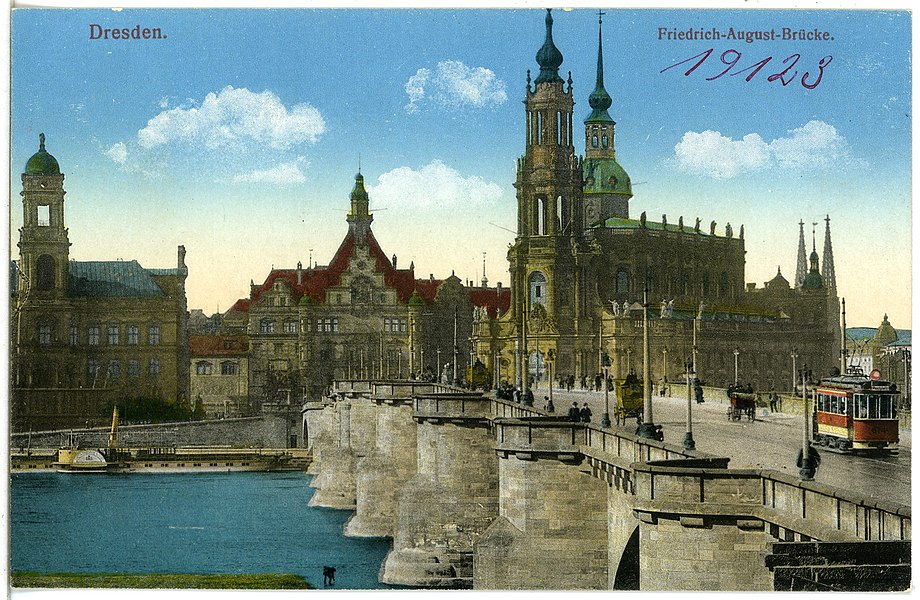Dresden; Friedrich-August-Brücke, Schloß, Hofkirche, Brück & Sohn Kunstverlag Meißen, 1915, Nummer 19123