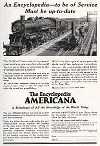 This 1921 advertisement for the Encyclopedia Americana suggests that other encyclopedias are as out-of-date as the locomotives of 90 years earlier. 1921EncycAmericanAd.jpg