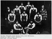 The undefeated 1924-25 Pitt women's varsity basketball team went 10-0 with wins against Cincinnati, at NYU, and at Temple who had never before been defeated on their home floor. 1924-25PittGirlsVarsity 1926Owlp357.jpg