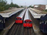 The line is shared with the Bakerloo line 1972 Stock at Harlesden.JPG