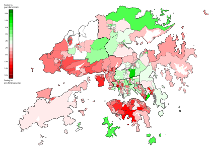 The election showed large swings in Mid-Levels areas in Hong Kong Island and New Territories West, particularly in Tsuen Wan, Tuen Mun, Kwai Tsing, Tin Shui Wai, and Tseung Kwan O in New Territories East, but the rural areas as well as urban areas in Sheung Shui, Tai Po, Sha Tin and Wong Tai Sin showed a small swing back to the pro-democrats.