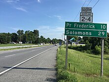 MD 2/MD 4 southbound in Calvert County 2016-07-20 17 33 07 View south along Maryland State Route 2 and Maryland State Route 4 (Solomons Island Road) just south of Southern Maryland Boulevard in Calvert County, Maryland.jpg