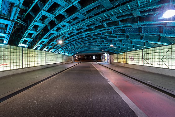 Turquoise alluminated Railway Underpass Marzellenstraße, Cologne