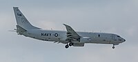 A Boeing P-8 Poseidon, tail number 168761, on final approach at Kadena Air Base in Okinawa, Japan. It is assigned to Patrol Squadron 45 (VP-45) at NAS Jacksonville, Florida, United States.