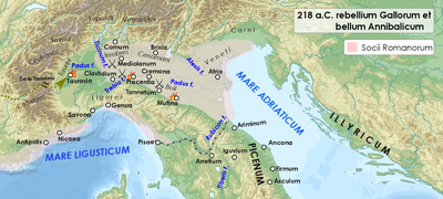 La Gallia cisalpina, teatro delle operazioni dell'autunno del 218 a.C.: dalla rivolta dei Boii con l'assedio di Mutina (Modena), alle vittorie di Annibale al Ticino e alla Trebbia.