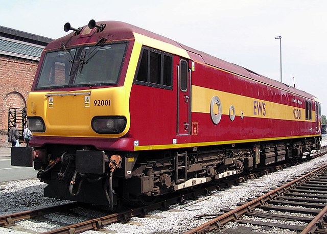 EWS liveried Class 92 at Crewe Works in June 2003