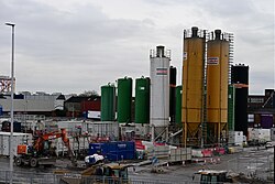 Storage tanks at the Balfour Beatty compound along the A63, photographed from the Porter Street Bridge in Kingston upon Hull.