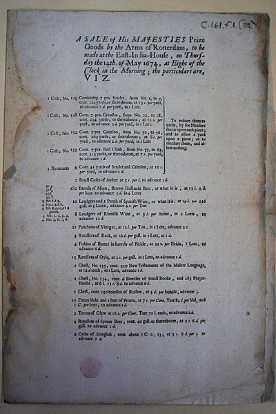 File:A sale of His Majesties prize goods by the Arms of Rotterdam, to be made at the East-India-House, on Thursday the 14th. of May 1674, at eight of the clock in the morning; the particulars are, viz. Page 1.jpg