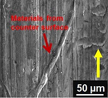 SEM micrograph of adhesive wear (transferred materials) on 52100 steel sample sliding against Al alloy. (Yellow arrow indicate sliding direction) Adhesive wear on 52100 steel sample.jpg
