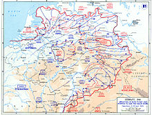 Situation 18 April 1945. With the complete destruction of Army Group B in the Ruhr Pocket by that date, 11th Army in the Harz Mountains (center right) became the only large cohesive formation ont the western front capable of offering significant resistance. Advance through Germany - 5-18 April 1945.jpg